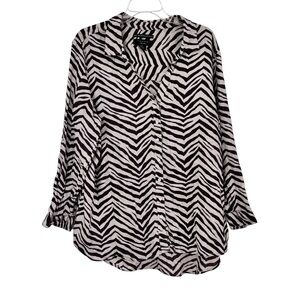 Tahari Linen 100% Beige And Brown Striped Animal Print Button Down Shirt Size 2X